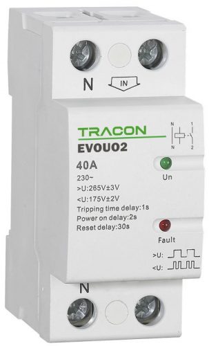 TRACON EVOUO2P63 - Aut. visszakapcsoló fesz. növekedési/csökkenési relé AC230V,2P,63AU>:265V,U<:175V, Uon:2s, Trip:1s, Res:30s