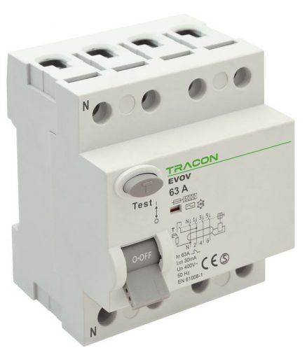 TRACON EVOV4P251 - Áram-védőkapcsoló, 4 pólusú 25A, 100mA, 6kA, AC