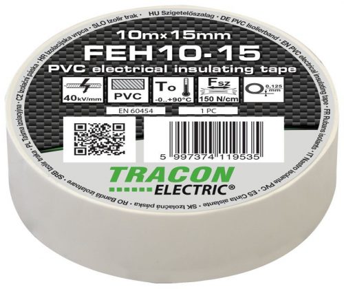 TRACON FEH10-15 - Szigetelőszalag, fehér 10m×15mm, PVC, 0-90°C, 40kV/mm