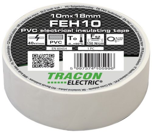 TRACON FEH10 - Szigetelőszalag, fehér 10m×18mm, PVC, 0-90°C, 40kV/mm