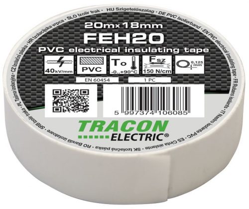 TRACON FEH20 - Szigetelőszalag, fehér 20m×18mm, PVC, 0-90°C, 40kV/mm