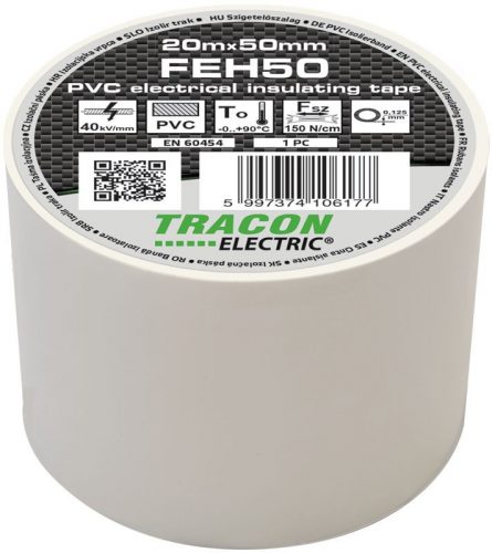 TRACON FEH50 - Szigetelőszalag, fehér 20m×50mm, PVC, 0-90°C, 40kV/mm