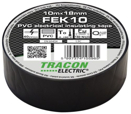 TRACON FEK10 - Szigetelőszalag, fekete 10m×18mm, PVC, 0-90°C, 40kV/mm