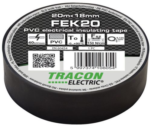 TRACON FEK20 - Szigetelőszalag, fekete 20m×18mm, PVC, 0-90°C, 40kV/mm