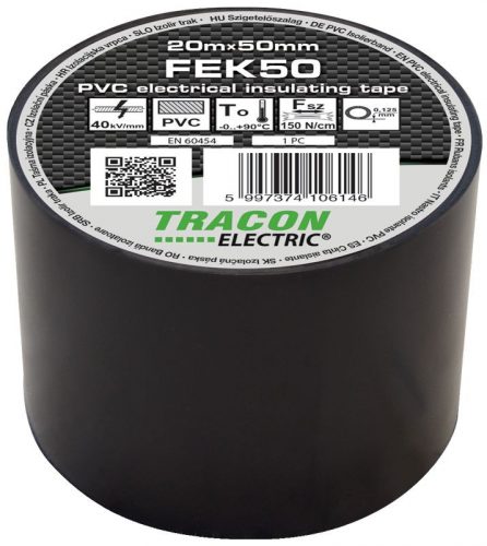 TRACON FEK50 - Szigetelőszalag, fekete 20m×50mm, PVC, 0-90°C, 40kV/mm