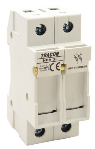 TRACON HBA-2P-20 - Szakaszolókapcsoló-biztosítóhengeres bizt.hoz, maszkolható 20A, 8x32mm; Un=230V/400V