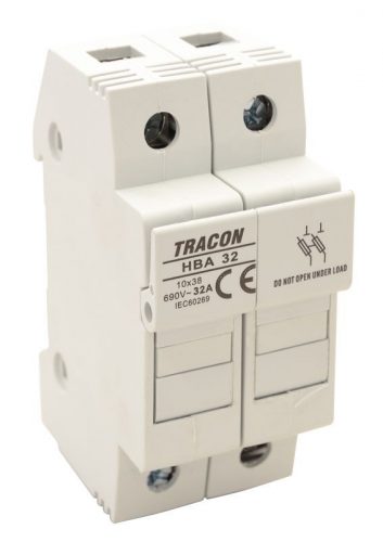 TRACON HBA-2P-32 - Szakaszolókapcsoló-biztosítóhengeres bizt.hoz, maszkolható 32A, 10x38mm; Un=230V/400V