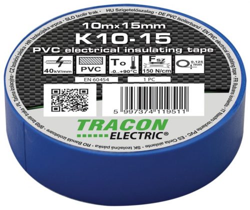 TRACON K10-15 - Szigetelőszalag, kék 10m×15mm, PVC, 0-90°C, 40kV/mm