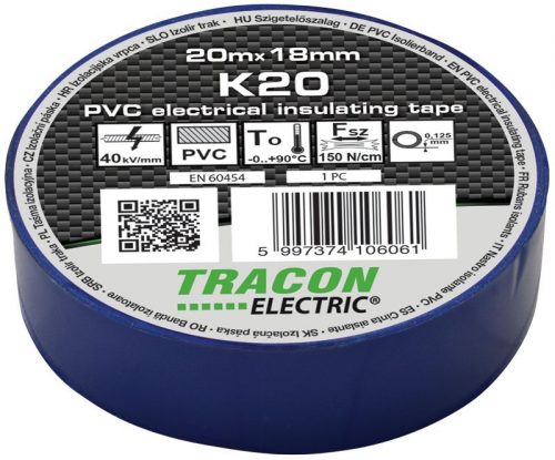 TRACON K20 - Szigetelőszalag, kék 20m×18mm, PVC, 0-90°C, 40kV/mm