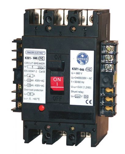 TRACON KM2-063/1A - Kompakt megszakító, 230V AC munkaáramú kioldóval 3×230/400V, 50Hz, 63A, 50kA, 1×CO