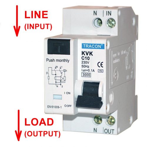 TRACON KVK-10/10 - Kombinált védőkapcsoló, 2P, 2 modul, C karakterisztika 10A, 100mA, 3kA, AC, E3