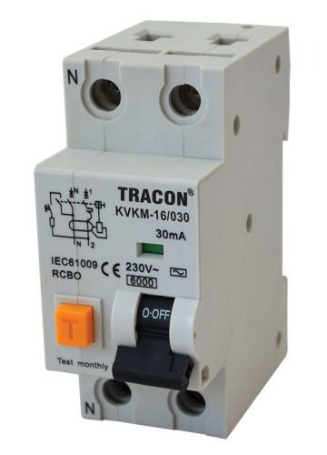 TRACON KVKM-10/030 - Kombinált védőkapcsoló, 2P, 2 modul, C karakterisztika 10A, 30 mA, 6kA, AC