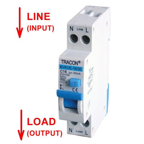 TRACON KVKVE-10/100 - Kombinált védőkapcsoló, elektronikus, 2P, 1 modul, C kar. C10, 100mA, 6kA, AC, E3