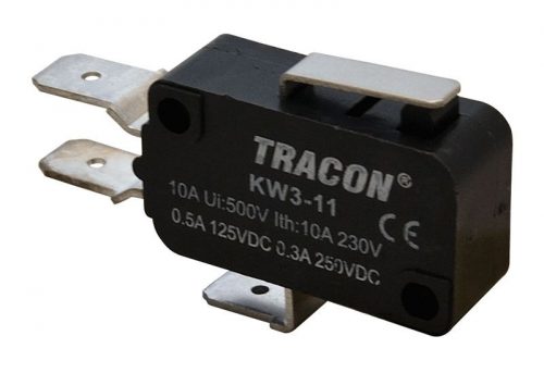 TRACON KW3-11 - Helyzetkapcsoló, mikro, rugószáras 1×CO 10A/230VAC, 0,3A/250VDC, 15mm, 6,3x0,8 mm, IP00