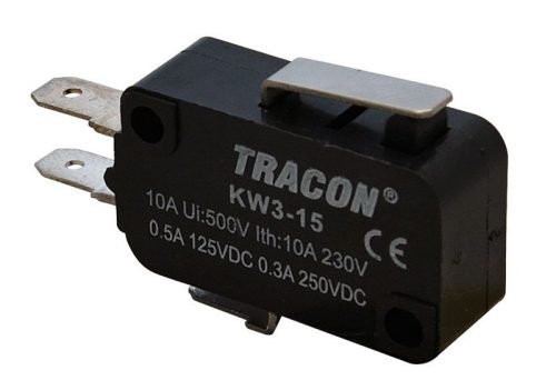 TRACON KW3-15 - Helyzetkapcsoló, mikro, rugószáras 1×CO 10A/230VAC, 0,3A/250VDC, 15mm, 4,8x0,5 mm, IP00