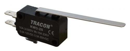 TRACON KW3-25 - Helyzetkapcsoló, mikro, rugószáras 1×CO 10A/230VAC, 0,3A/250VDC, 52mm, 4,8x0,5 mm, IP00