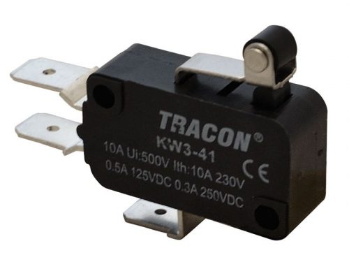 TRACON KW3-41 - Helyzetkapcsoló, mikro, karos-görgős 1×CO 10A/230VAC, 0,3A/250VDC, 15mm, 6,3x0,8 mm, IP00