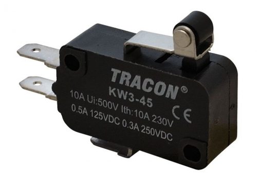 TRACON KW3-45 - Helyzetkapcsoló, mikro, karos-görgős 1×CO 10A/230VAC, 0,3A/250VDC, 15mm, 4,8x0,5 mm, IP00