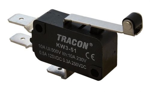 TRACON KW3-51 - Helyzetkapcsoló, mikro, karos-görgős 1×CO 10A/230VAC, 0,3A/250VDC, 28mm, 6,3x0,8 mm, IP00