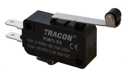 TRACON KW3-55 - Helyzetkapcsoló, mikro, karos-görgős 1×CO 10A/230VAC, 0,3A/250VDC, 28mm, 4,8x0,5 mm, IP00