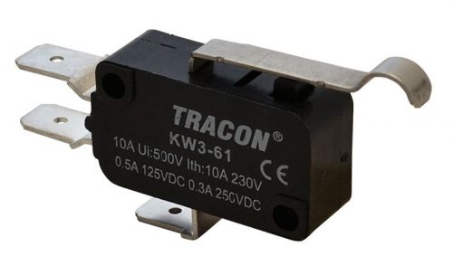 TRACON KW3-61 - Helyzetkapcsoló, mikro, íves-rugószár 1×CO 10A/230VAC, 0,3A/250VDC, 28mm, 6,3x0,8 mm, IP00