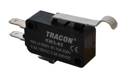 TRACON KW3-65 - Helyzetkapcsoló, mikro, íves-rugószár 1×CO 10A/230VAC, 0,3A/250VDC, 28mm, 4,8x0,5 mm, IP00