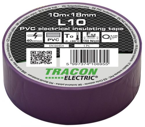 TRACON L10 - Szigetelőszalag, lila 10m×18mm, PVC, 0-90°C, 40kV/mm