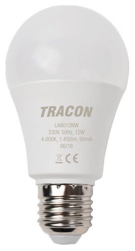 TRACON LA6012NW - Gömb burájú LED fényforrás 230 V, 50 Hz, 12 W,4000 K, E27, 1450 lm, 200°, A60, EEI=E