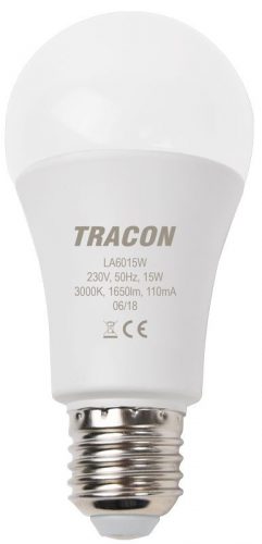 TRACON LA6015NW - Gömb burájú LED fényforrás 230 V, 50 Hz, 15 W, 4000 K, E27, 1650 lm, 200°, A60, EEI=E