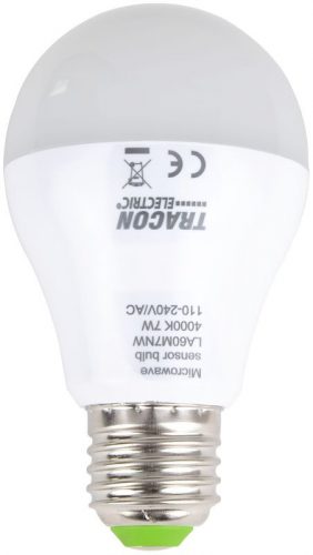 TRACON LA60M7NW - LED fényforrás beépített mozgásérzékelővel 110-240 V, 50/60 Hz, 7W,600lm,4000K,360°,60s,5m,<20lx, EEI=F