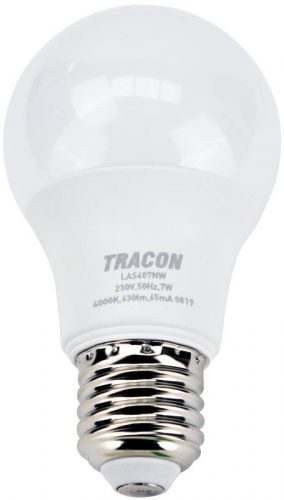 TRACON LAS607NW - Gömb burájú LED fényforrás SAMSUNG chippel 230V,50Hz,7W,4000K,E27,630 lm,200°,A60,SAMSUNG chip, EEI=F