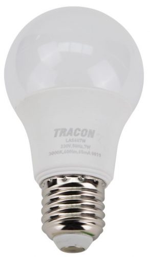 TRACON LAS607W - Gömb burájú LED fényforrás SAMSUNG chippel 230V,50Hz,7W,3000K,E27,600 lm,200°,A60,SAMSUNG chip, EEI=F