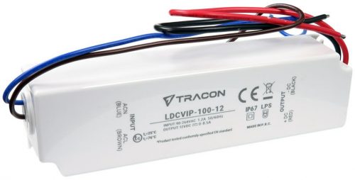 TRACON LDCVIP-100-12 - Védett műanyag házas LED meghajtó 90-264VAC/12VDC,100W,0-8,5A, IP67