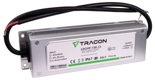 TRACON LDCVIP-150-12 - Védett fém házas LED meghajtó 100-240VAC/12VDC,150W,0-12,5A, IP67