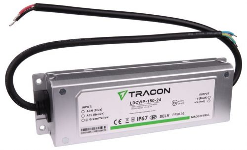 TRACON LDCVIP-150-24 - Védett fém házas LED meghajtó 100-240VAC/24VDC,150W,0-6,3A, IP67