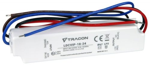 TRACON LDCVIP-18-24 - Védett műanyag házas LED meghajtó 180-264VAC/24VDC,18W,0-0,75A, IP67