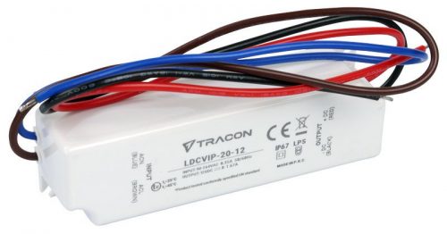 TRACON LDCVIP-20-12 - Védett műanyag házas LED meghajtó 90-264VAC/12VDC,20W,0-1,67A, IP67