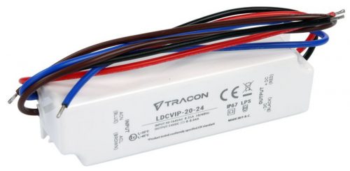 TRACON LDCVIP-20-24 - Védett műanyag házas LED meghajtó 90-264VAC/24VDC,20W,0-0,84A, IP67