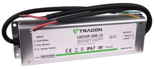 TRACON LDCVIP-200-12 - Védett fém házas LED meghajtó 90-264VAC/12VDC,200W,0-16,5A, IP67