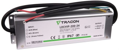 TRACON LDCVIP-200-24 - Védett fém házas LED meghajtó 90-264VAC/24VDC,200W,0-8,5A, IP67