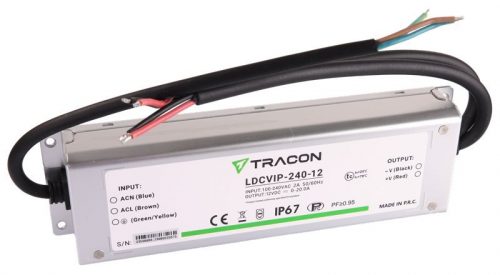 TRACON LDCVIP-240-12 - Védett fém házas LED meghajtó 100-240VAC/12VDC,240W,0-20A, IP67