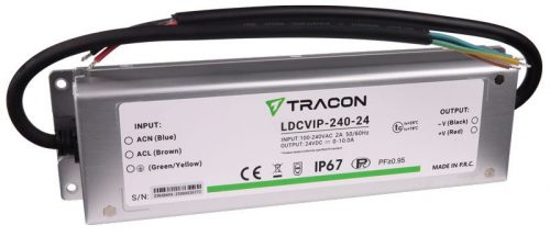 TRACON LDCVIP-240-24 - Védett fém házas LED meghajtó 100-240VAC/24VDC,240W,0-10A, IP67