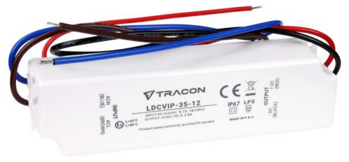 TRACON LDCVIP-35-12 - Védett műanyag házas LED meghajtó 90-264VAC/12 VDC,35W,0-3A, IP67