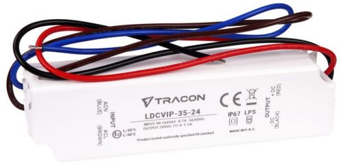 TRACON LDCVIP-35-24 - Védett műanyag házas LED meghajtó 90-264VAC/24VDC,35W,0-1,5A, IP67