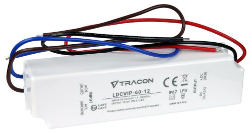 TRACON LDCVIP-60-12 - Védett műanyag házas LED meghajtó 90-264VAC/12VDC,60W,0-5A, IP67