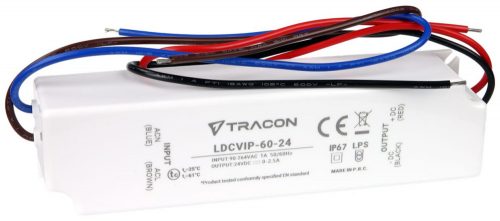 TRACON LDCVIP-60-24 - Védett műanyag házas LED meghajtó 90-264VAC/24VDC,60W,0-2,5A, IP67