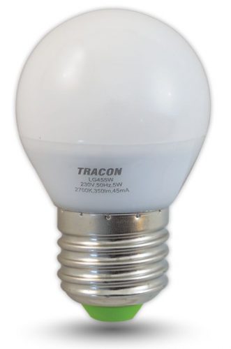 TRACON LG455W - LED fényforrás 230 VAC, 5 W, 2700 K, E27, 380 lm, 200°, G45, EEI=G