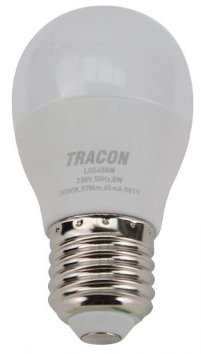 TRACON LGS458W - Gömb burájú LED fényforrás SAMSUNG chippel 230V,50Hz,8W,3000K,E27,710lm,180°,G45,SAMSUNG chip, EEI=F