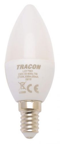 TRACON LGY7NW - Gyertya burájú LED fényforrás, tejüveg 230 V, 50 Hz, 7 W, 4000 K, E14, 600 lm, 180°, EEI=F