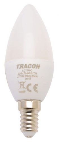 TRACON LGY7W - Gyertya burájú LED fényforrás, tejüveg 230 V, 50 Hz, 7 W, 2700 K, E14, 600 lm, 180°, EEI=F